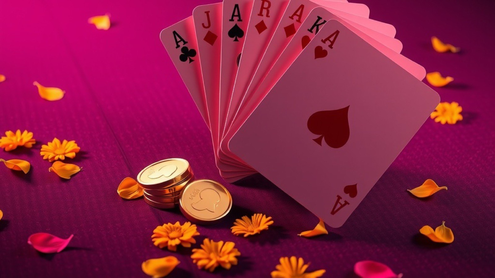 Jaiho Play game table with fanned rummy cards, gold coins and marigold petals